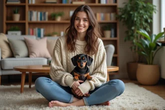 Femme assise avec un chien dachshund dans un salon chaleureux