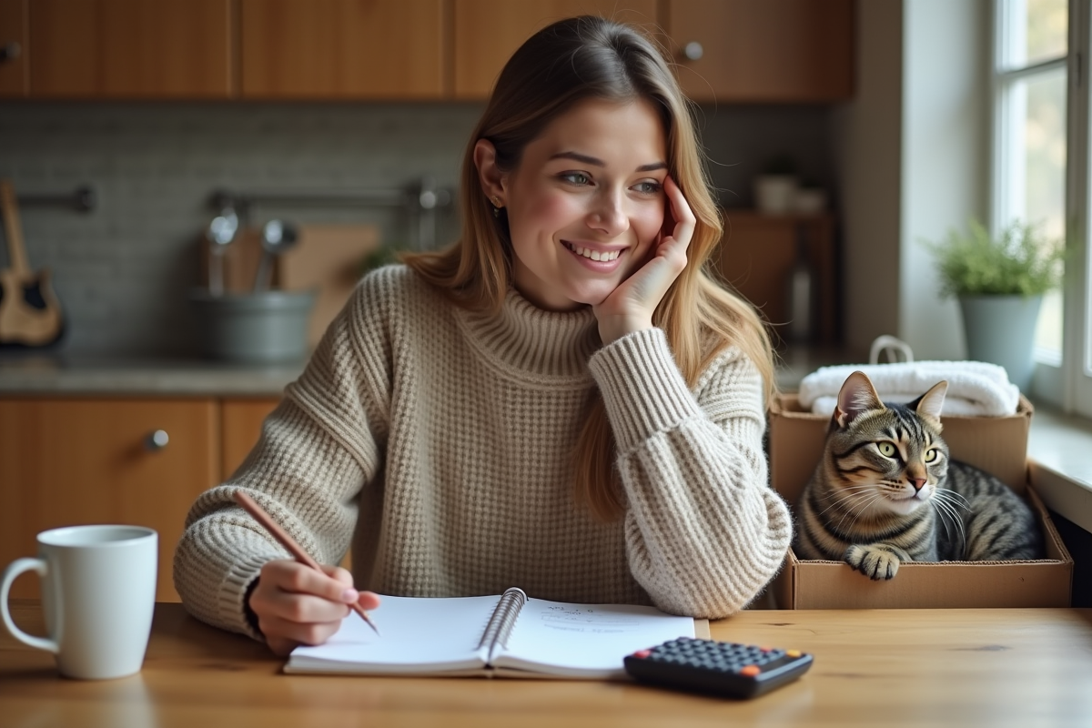 Femme souriante estimant le nombre de chatons dans une litière