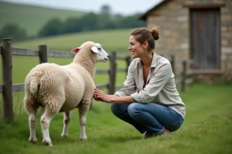 Femme à la ferme qui caresse un mouton dans un pré verdoyant, symbolisant l'achat de viande directement chez le producteur