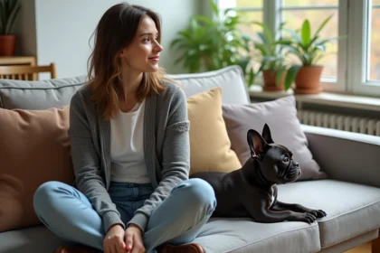 Jeune femme française avec un chiot bulldog dans un salon cosy