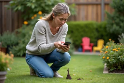 Femme anxieuse inspectant déjection dans le jardin