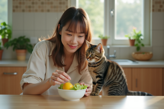 Jeune femme offrant un bol à un chat dans la cuisine