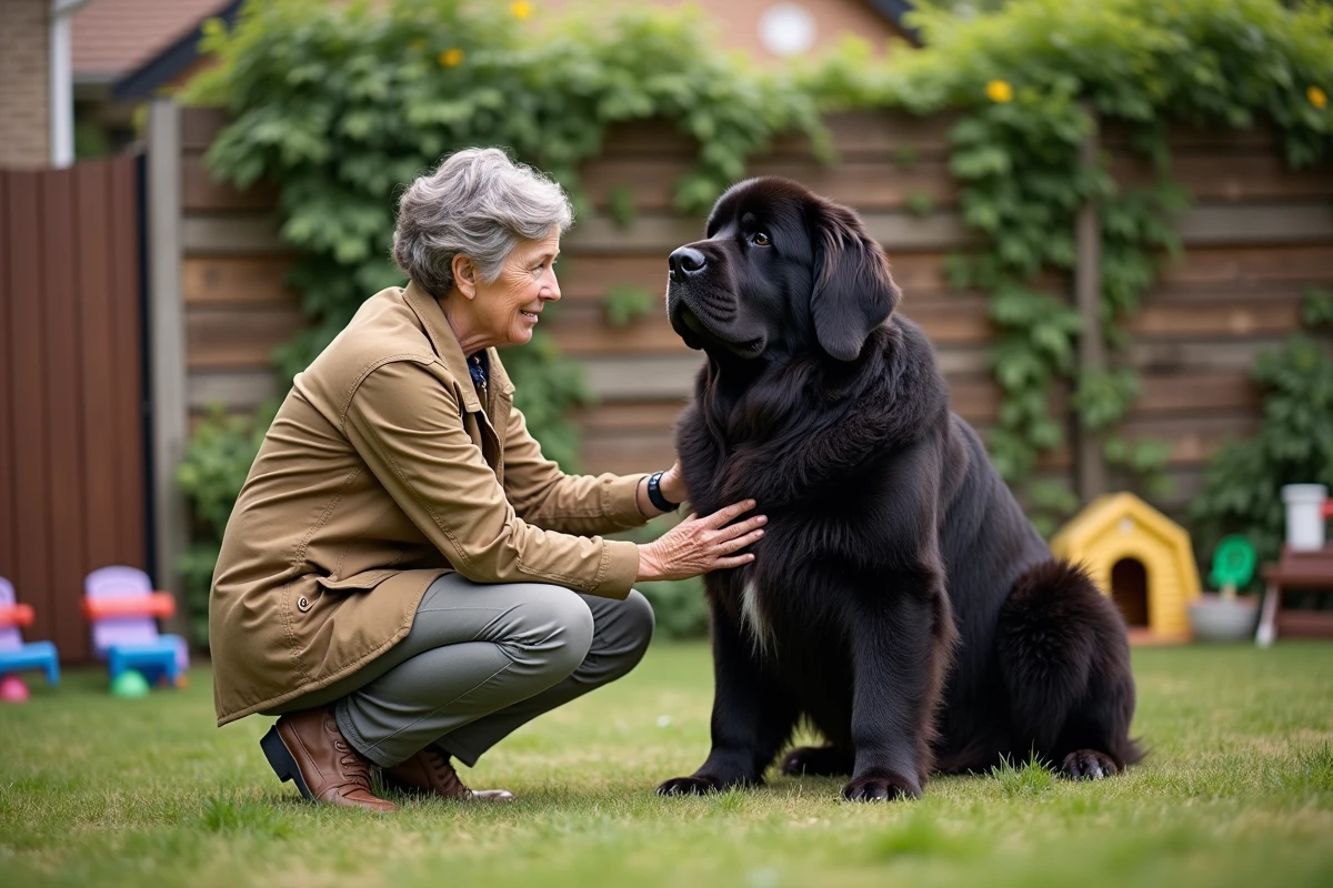 Femme sécurisant la porte avec son chien Newfoundland dans le jardin