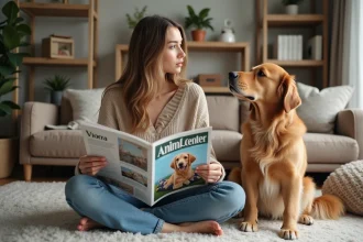 Jeune femme lisant un magazine animalier avec un chien golden retriever