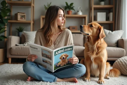 Jeune femme lisant un magazine animalier avec un chien golden retriever