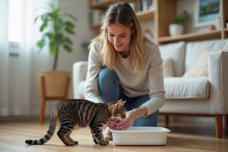 Femme au domicile nettoie la litiere de son chat
