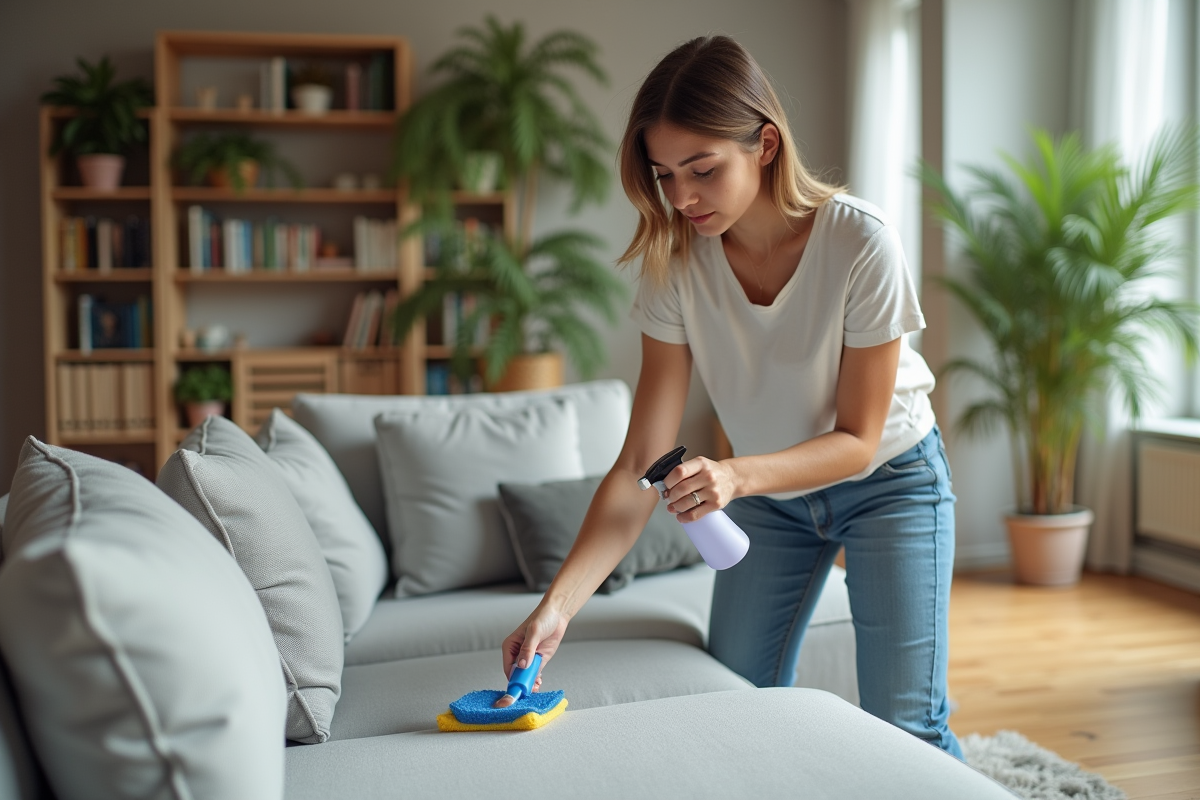 Jeune femme nettoyant un canapé en tissu dans un salon moderne