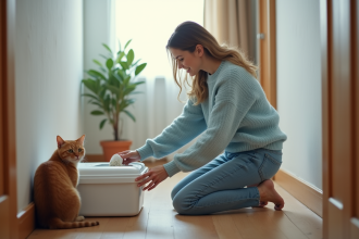 Jeune femme nettoie la litière de son chat dans un couloir