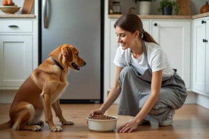 Femme donnant une gamelle de croquettes à son chien golden retriever dans une cuisine moderne