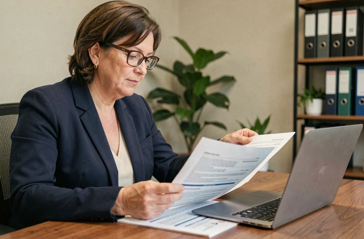 Femme professionnelle consultant un contrat d'assurance multirisque dans son bureau