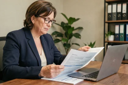 Femme professionnelle consultant un contrat d'assurance multirisque dans son bureau
