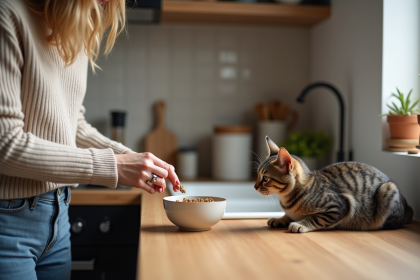 Femme donnant de la nourriture à son chat dans la cuisine