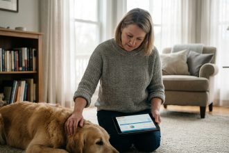 Femme réconfortant son chien dans un salon moderne