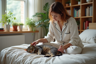 Femme en pyjama caressant un chat dans un chambre chaleureuse