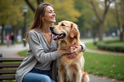 Femme et golden retriever dans un parc urbain