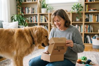 Femme souriante avec chien retriever dans le salon