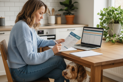 Femme avec chien dans cuisine examine brochures d'assurances