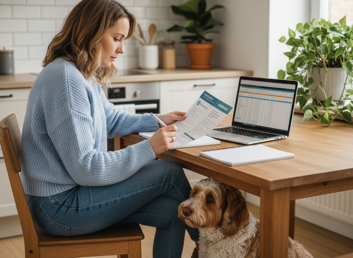 Femme avec chien dans cuisine examine brochures d'assurances
