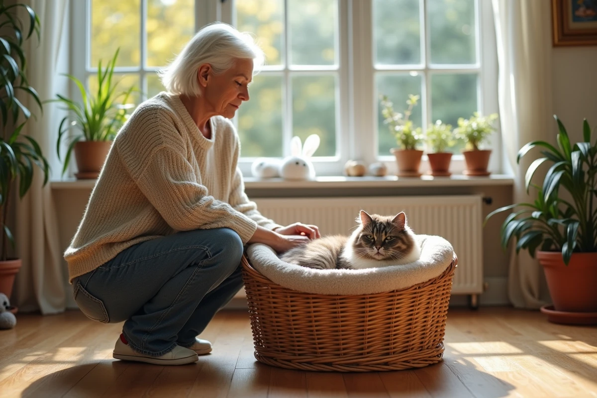 Femme âgée avec un chat maine dans un sunroom lumineux