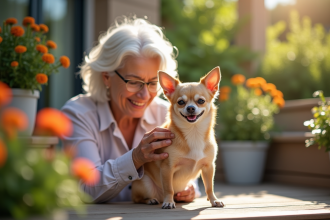Femme senior souriante brossant son chihuahua dans le jardin