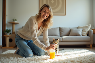 Femme posant un spray citronné dans un salon lumineux