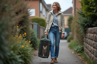 Femme vérifiant une trappe à chat dans une rue tranquille
