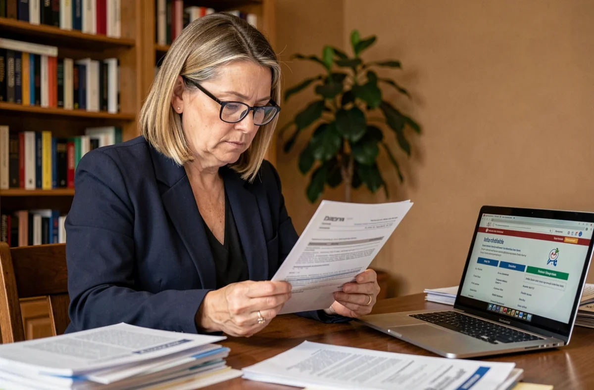 Femme consultant un contrat de mutuelle santé à son bureau avant de souscrire