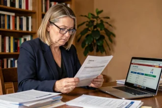 Femme consultant un contrat de mutuelle santé à son bureau avant de souscrire