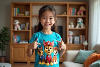 Jeune fille souriante portant un t-shirt Paw Patrol dans un salon chaleureux