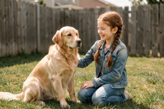 Fillette de 8 ans caressant un golden retriever assis calmement dans un jardin familial sécurisé