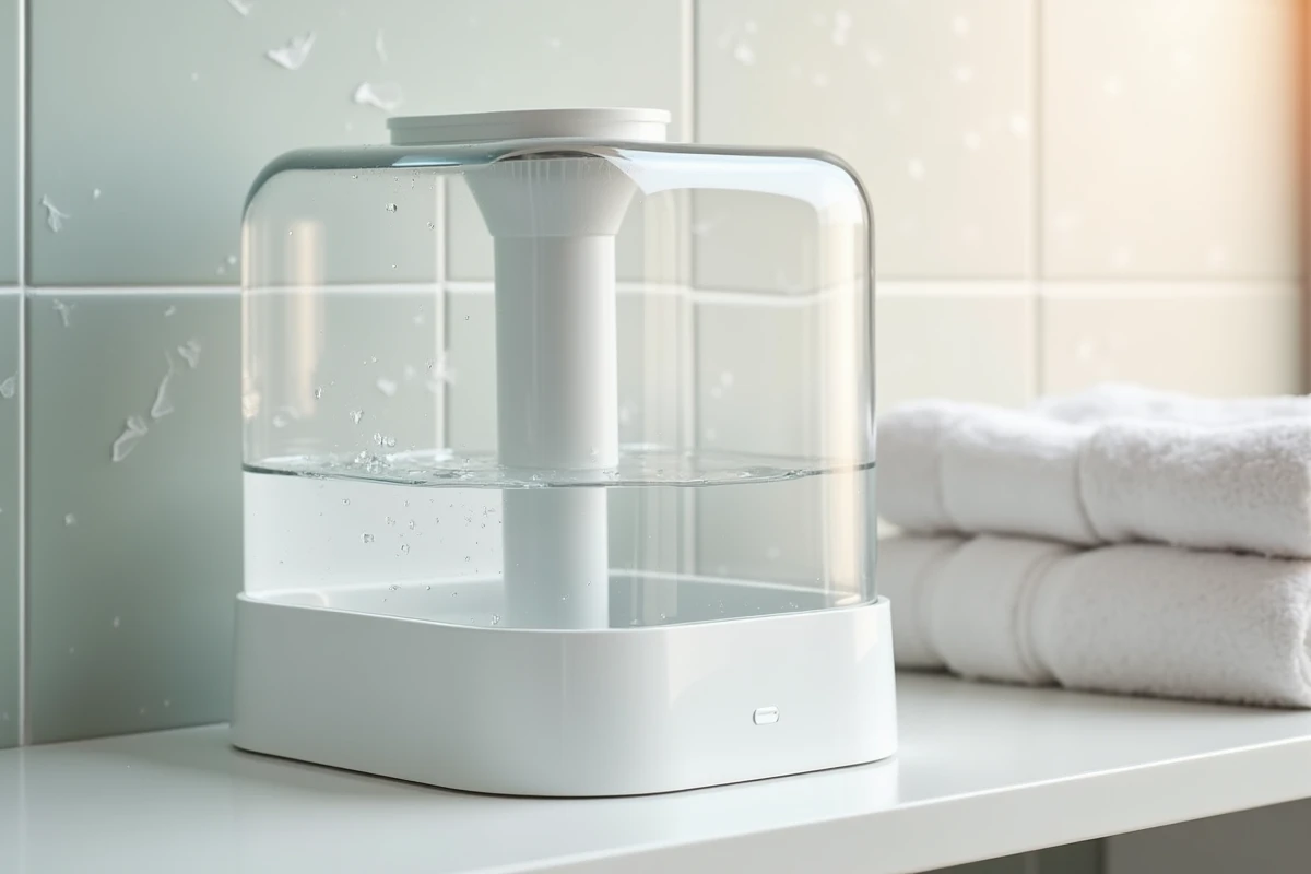 Fontaine à eau pour chat transparente avec système de filtration posée sur une étagère de salle de bain