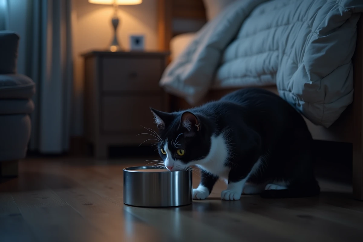 Chat noir et blanc se désaltérant tranquillement dans une fontaine à eau inox silencieuse dans une chambre la nuit