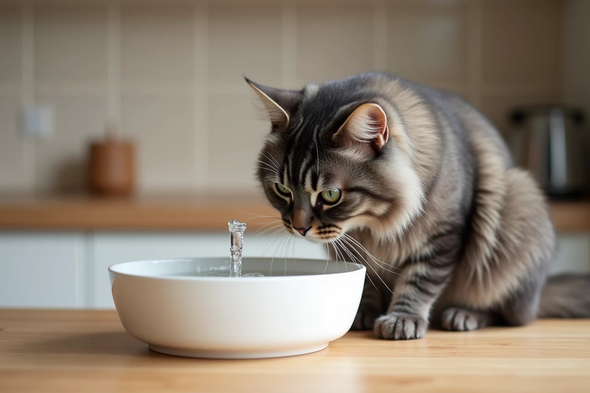 Chat gris buvant dans une fontaine à eau silencieuse blanche posée sur un plan de travail en bois clair