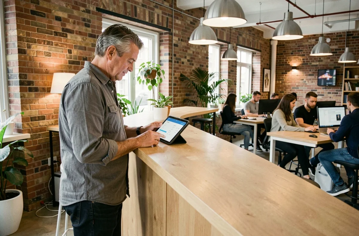 Freelance comparant des offres de RC pro sur tablette dans un espace de coworking