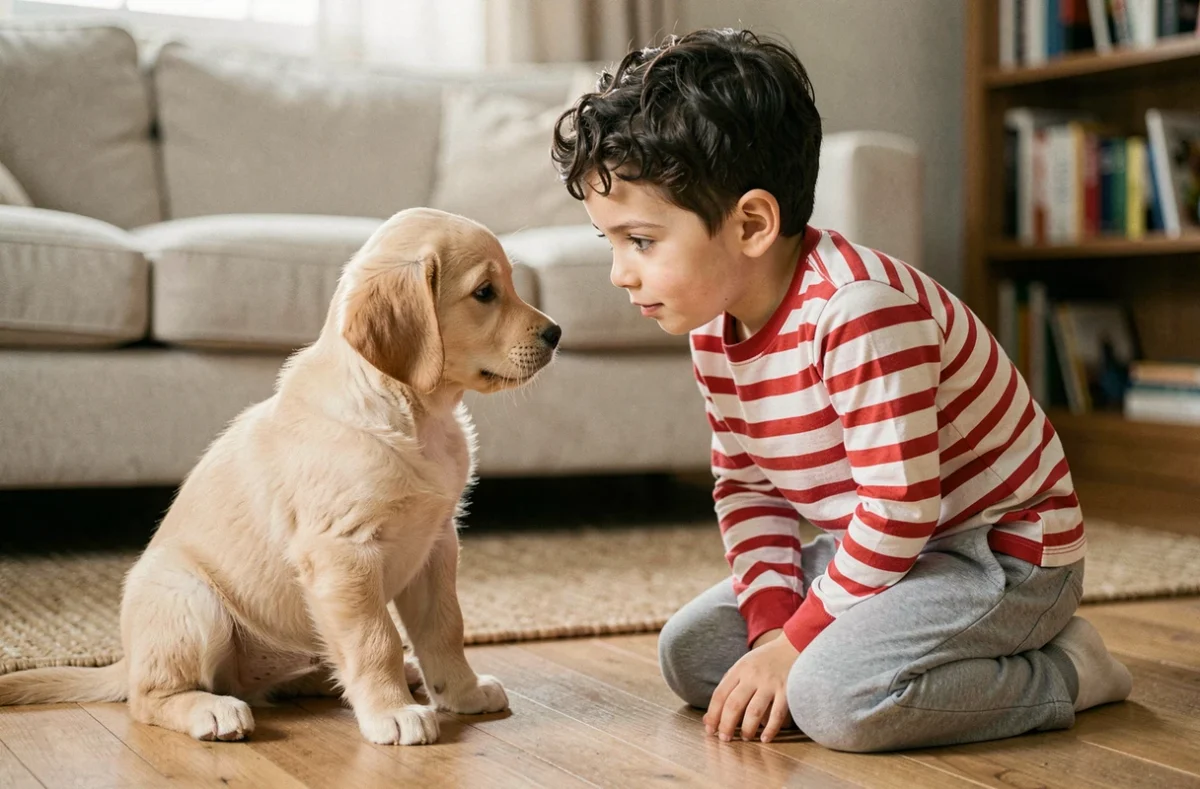Jeune garçon face à face avec un chiot golden retriever miniature dans un salon familial