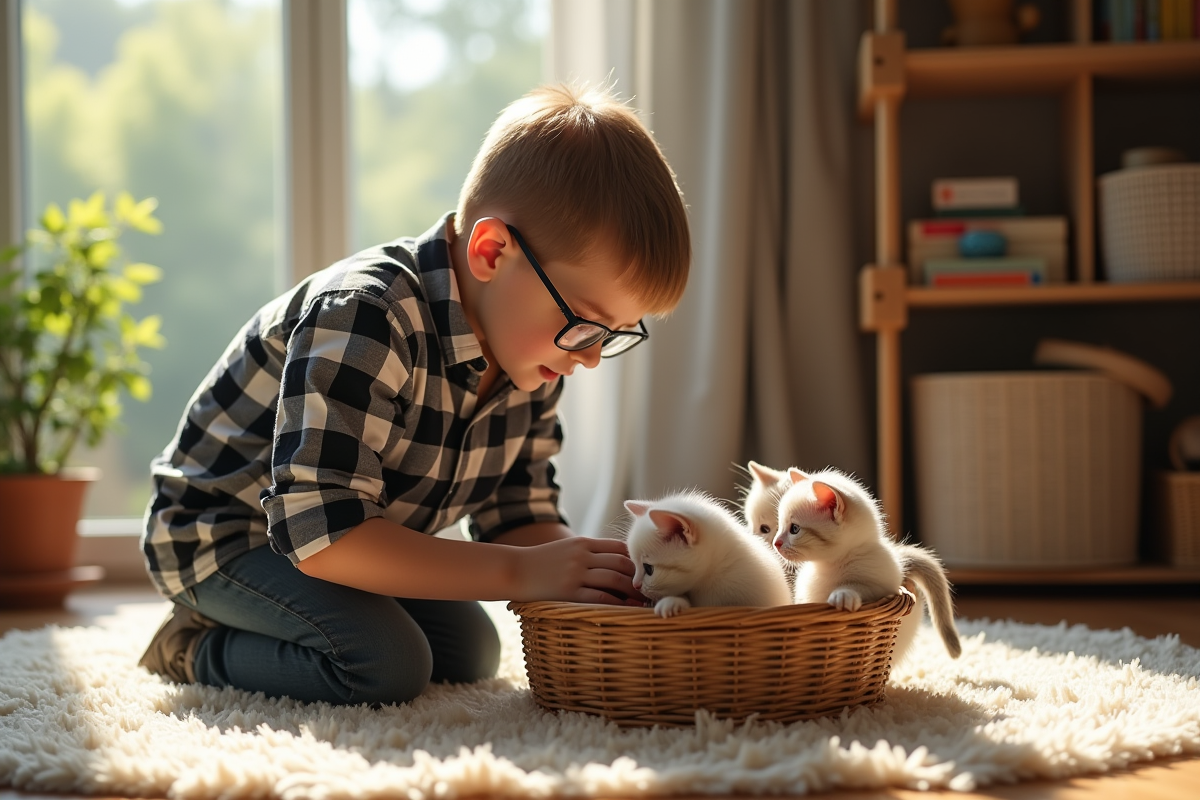 Jeune garçon comptant des chatons dans un panier ensoleillé