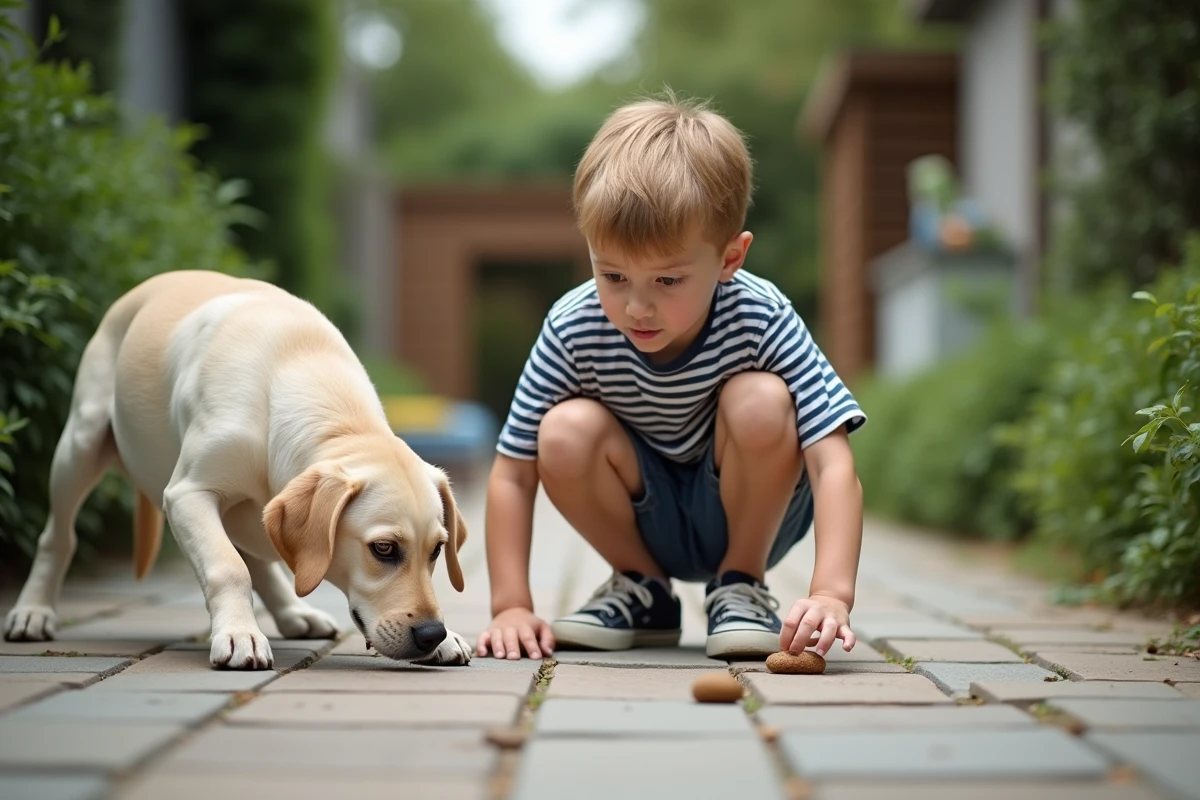 Garçon curieux avec chien regardant déjection