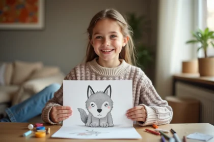 Jeune fille souriante tenant un dessin de loup en peluche
