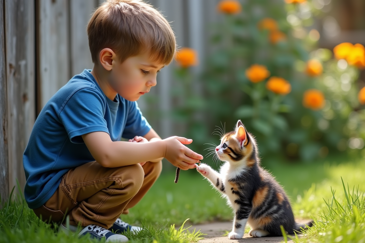 Jeune garçon offrant un jouet à un chaton dans un jardin fleuri