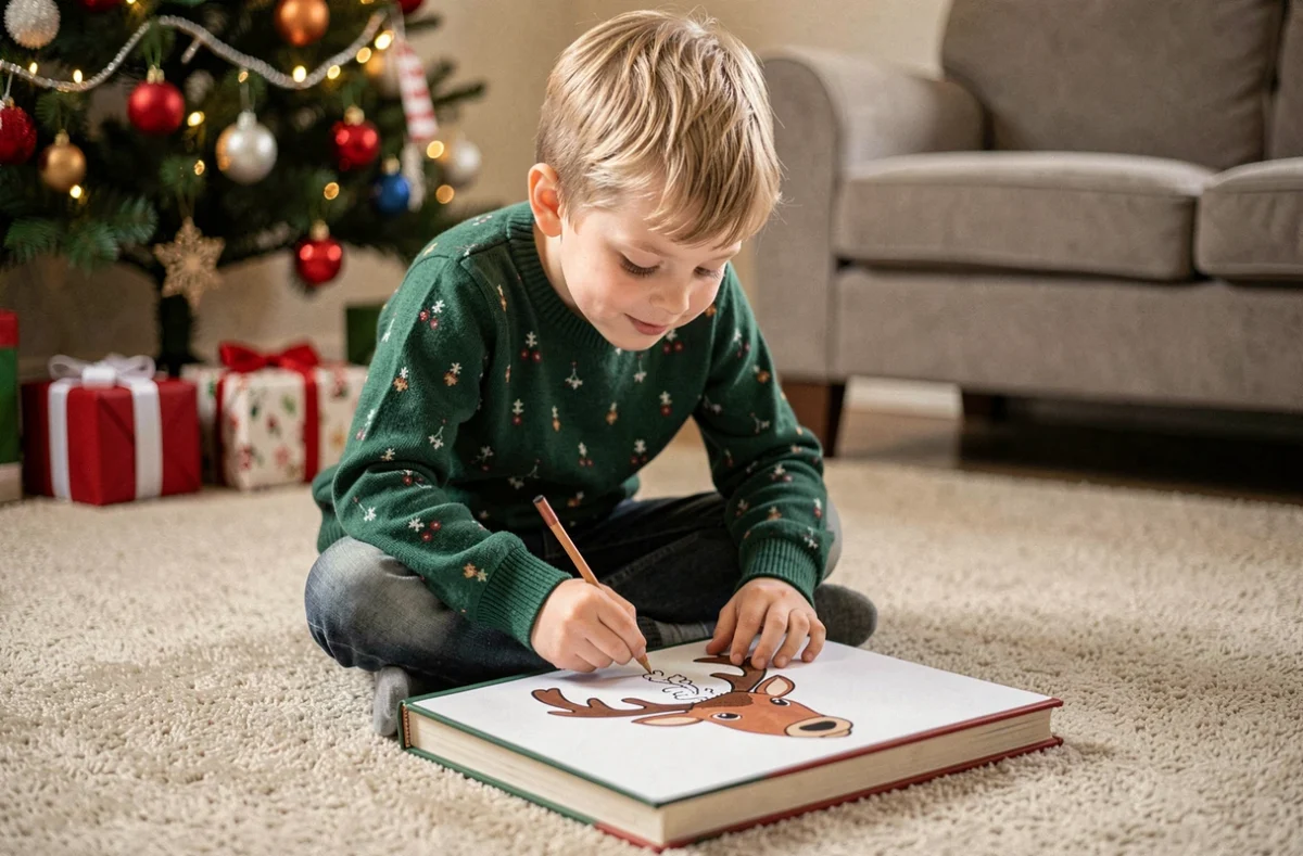 Garçon en pull de Noël coloriant un modèle de tête de renne imprimé assis sur le sol du salon