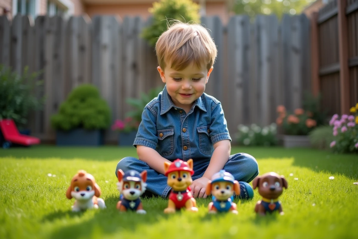 Garçon jouant avec figurines Paw Patrol dans un jardin verdoyant