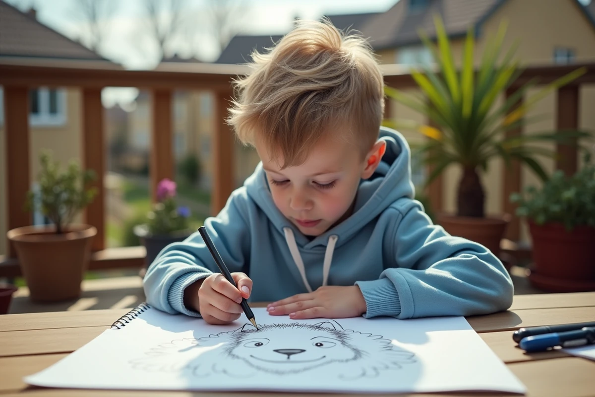 Jeune garçon traçant un dessin de loup en peluche sur un carnet