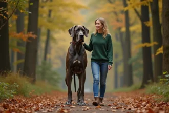 Grand Danois et femme dans la forêt automnale