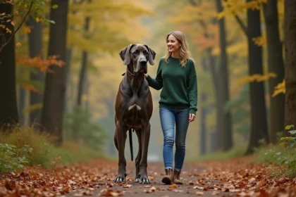 Grand Danois et femme dans la forêt automnale