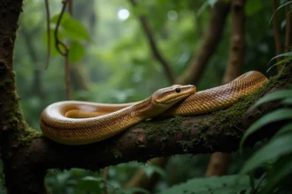 Grand python réticulé enroulé sur une branche moussue dans la forêt tropicale de Bornéo, scales irisées dorées et brunes visibles en détail