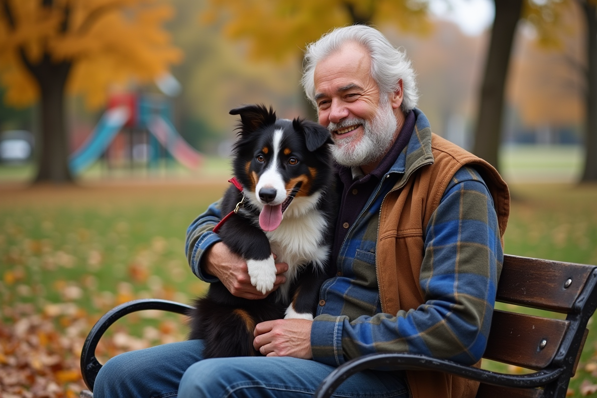 Grand-pere et petit-fils avec un chien dans un parc d