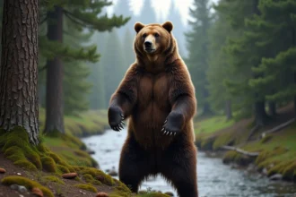 Grizzly adulte debout sur ses pattes arrière dans une forêt boréale, montrant sa taille imposante par rapport aux grands arbres