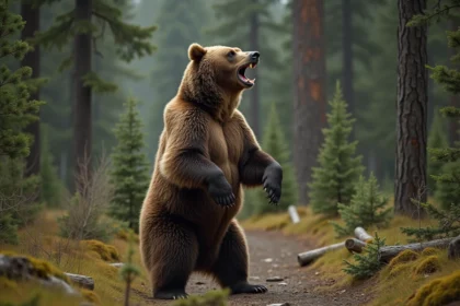 Grizzly debout sur ses pattes arrières dans une forêt de conifères, montrant sa taille imposante et sa fourrure brune épaisse