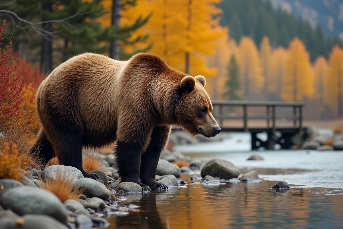 Grizzly adulte marchant le long d'une rivière de montagne en automne, silhouette complète révélant sa taille et sa musculature