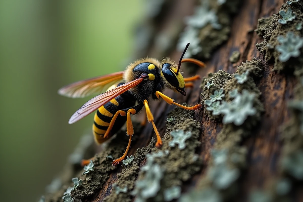 Gros frelon noir posé sur l'écorce d'un chêne en forêt, détail des ailes et de l'abdomen segmenté